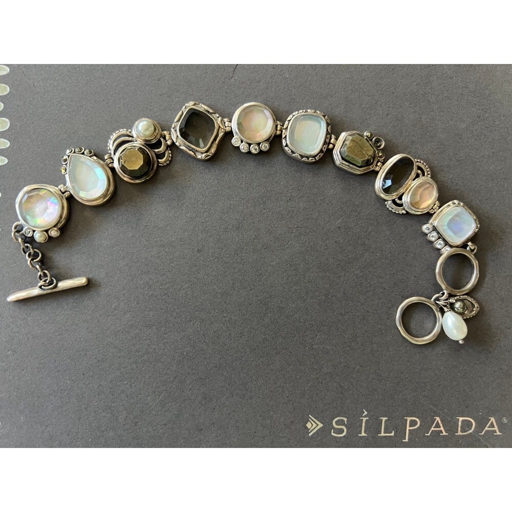 Silpada B2790 Exemplar Sterling Silver Pyrite Lip Shell Glass CZ Bracelet